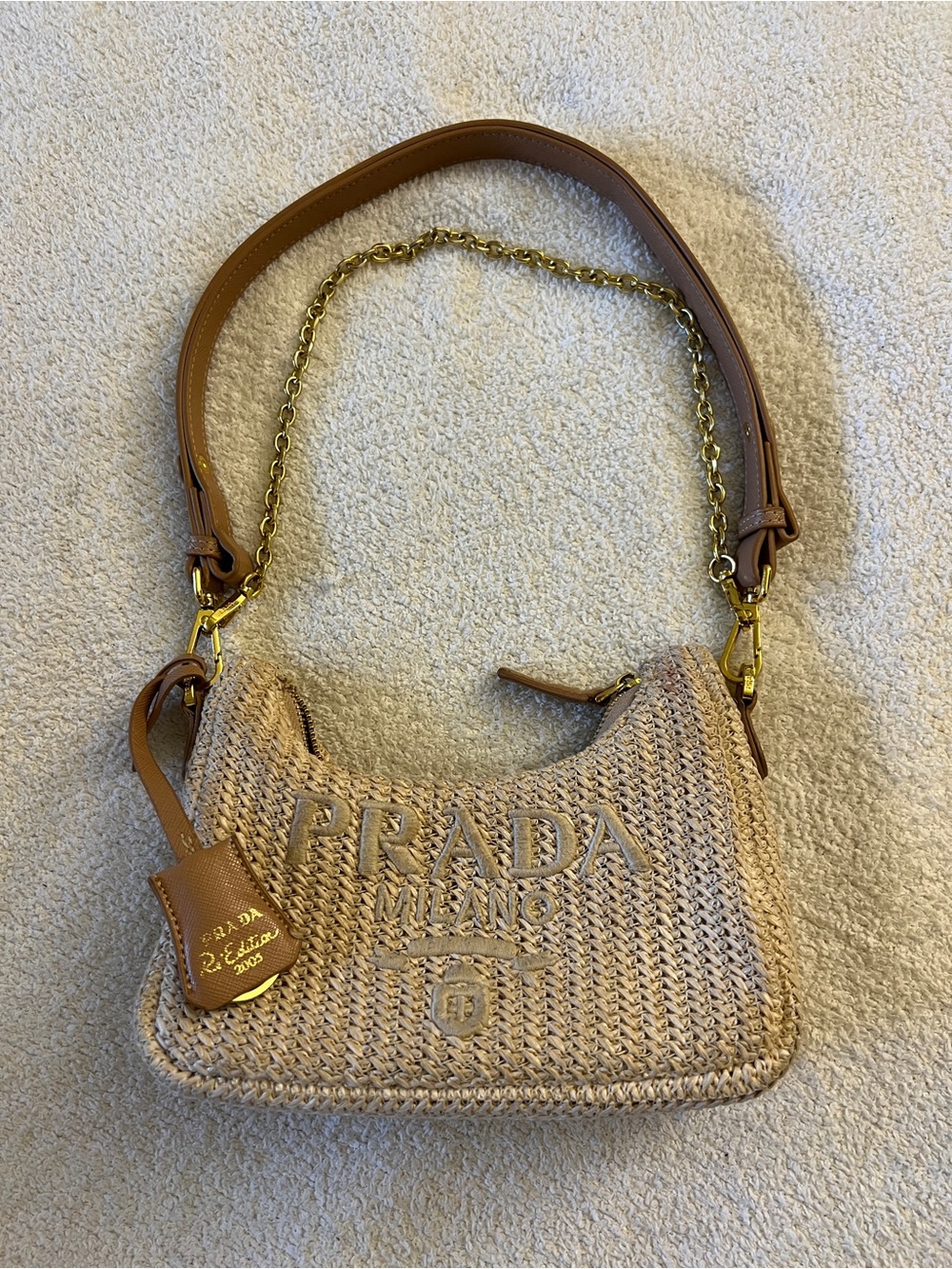 Prada Re-Edition 2005 Raffia Crochet Shoulder Bag Natural Tan